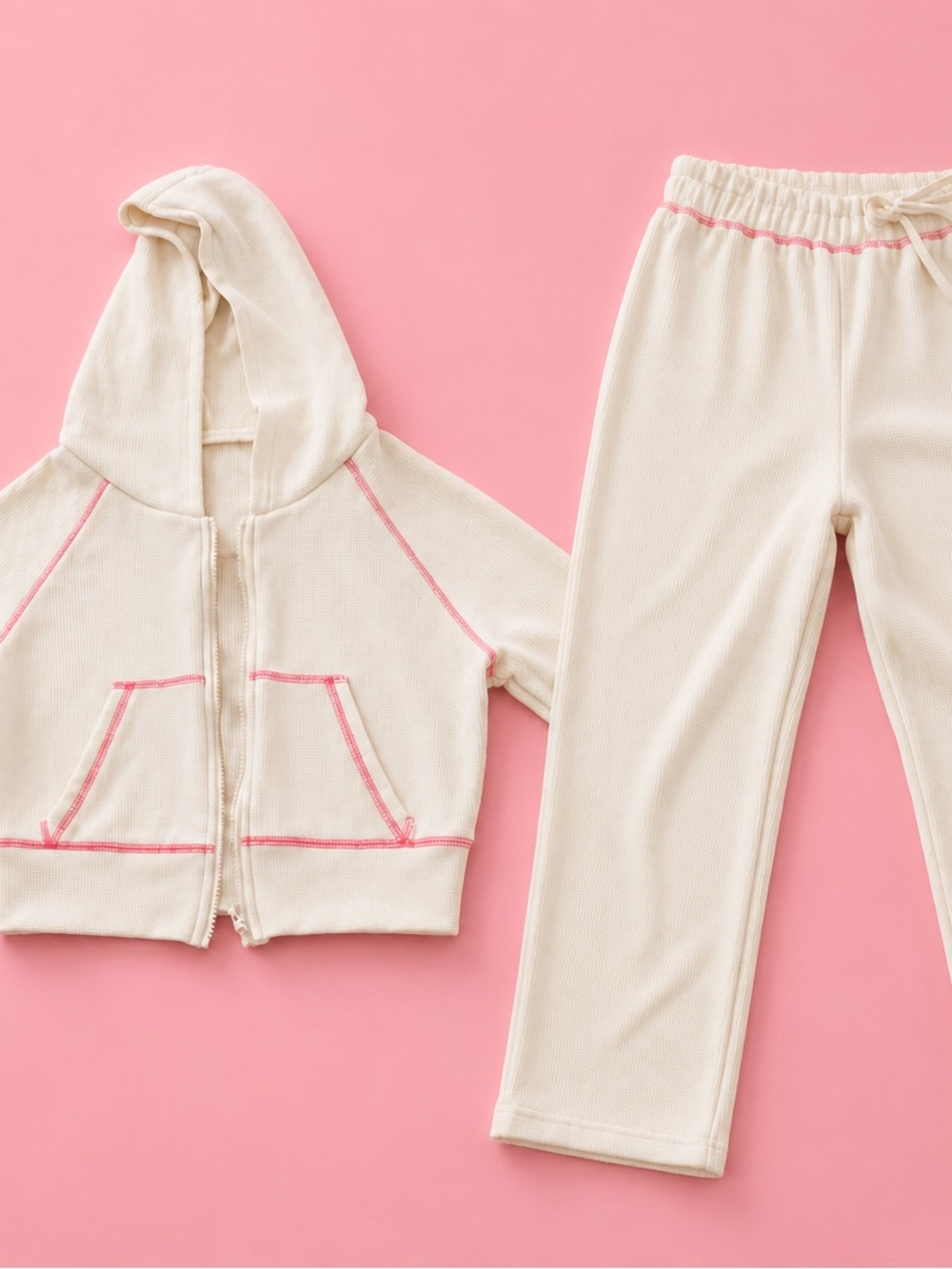 2-piece set cropped hoodie Jacket with Pink Stitching